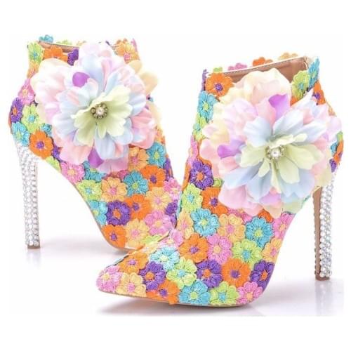 Women Boots Pointed Toe Spring Boots Women Shoes Pumps Flowers Ladies Party Western Hoof Heels Ankle Boots Female Wedding Shoes