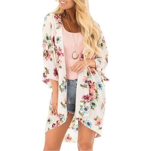 Women Floral Leopard Print Half Sleeve Shawl Cardigan Bikini Cover Up Blouse Top