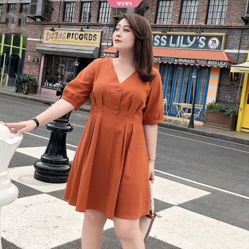 Plus Size Womens Solid Color Five-point Sleeve Retro French Dress V-neck Single-breasted Mid-Waist Dress Chiffon Summer Dre