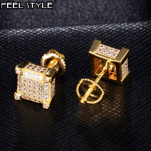 1Pair Big Zircon Micro Full Paved Iced Out Rhinestone CZ Stone Round Bling Stud Earring Copper Earrings For Men Hip HOP Jewelry