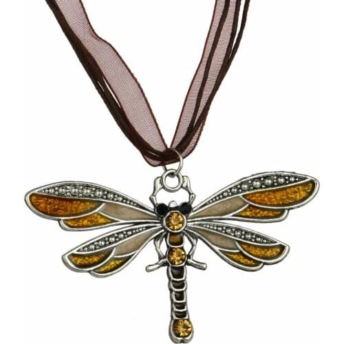 12PC Wholesale Champagne Crystal Dragonfly Pendant Retro Rope Chain Necklace Charm Long Sweater For Women Girls Friends Jewelry