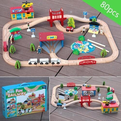 80pcs Wooden Train Track Sets for Electric Train Wooden Scene Circular Curved Orbit Puzzle Handmade Assemble Toys for Children