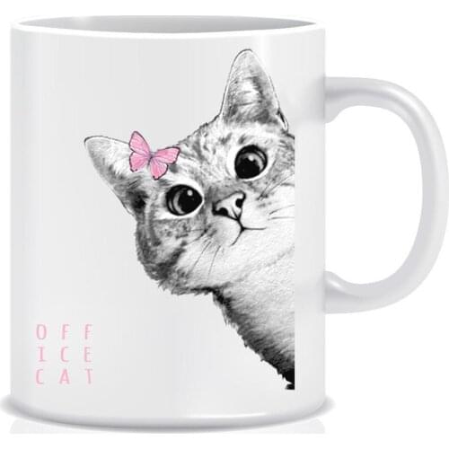 Custog Porcelain Mug Fun Design For Coffee Funny Gifts for Women and Men 12oz Curious Cat