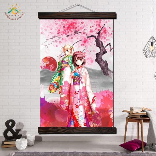 Two Pink Japanese Kimono Girl Modern Wall Art Print Pop Art Posters and Prints Scroll Canvas Painting Pictures for Living Room
