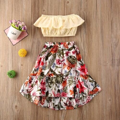 Fashion Toddler Kids Baby Girl Clothes Off Shoulder Ruffle Tops Boho Floral Print Skirt 2Pcs Outfits Summer Clothing for 1-7Y