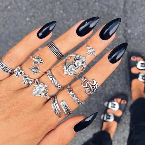 European and American retro rhinestone lotus leaf elephant bright ring 11 piece set combination joint ring rings set for women