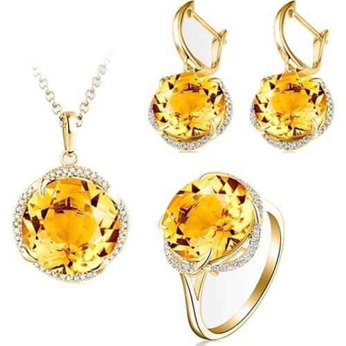 MOONROCY Gold Color Crystal Earring Ring Necklace Jewelry Set Yellow Crystal Choker for Women Gift Dropshipping Wholesale