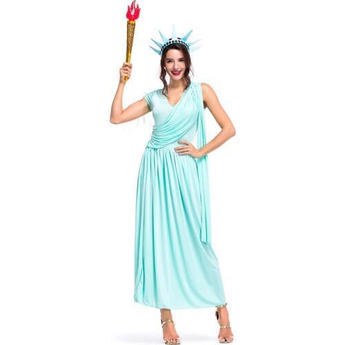 Halloween Costumes Women Statue of Liberty Cosplay Carnival Party Performance Costume Sexy Blue V-Neck Split Stage Long Dress