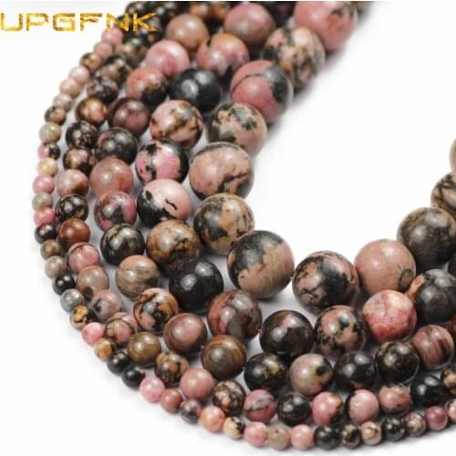 UPGFNK Natural Stone Black Lace Rhodonite Round Loose Beads for Jewelry Making DIY Bracelets Necklace Wholesale 4 6 8 10 12 MM