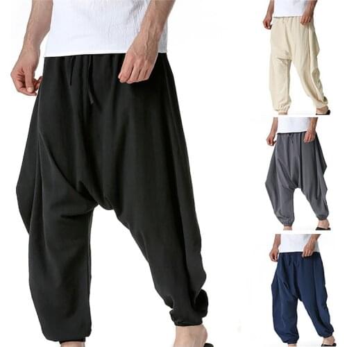 2021Summer Men Linen Cross-Pants Mens Baggy Harem Pants Men Solid Trousers Male HipHop Joggers Man Streetwear Wide Legs Pants