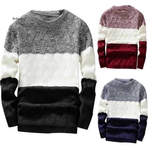 Men Autumn o Neck Long Sleeve Color Block Patchwork Slim Knitted Pullover Sweater Slim Long Sleeve Shirt Cashmere Wool Pullover