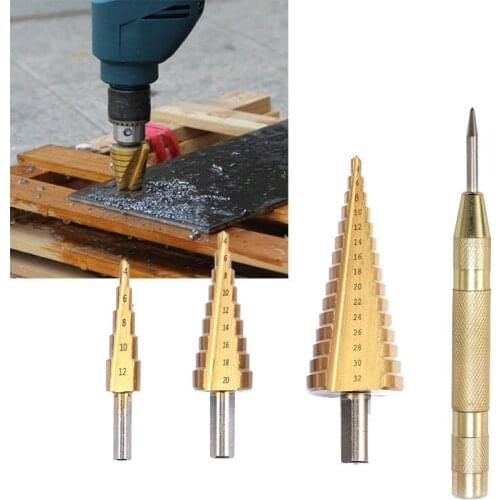 3 pcs 4-12mm 4-20mm 4-32mm HSS Straight HSS Titanium Step Drill Bit Set With Automatic Center Punch Metal Hole Cutter Core Dril