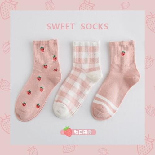 3 Pairs/set Womens Socks Spring Soft Cotton Pink Strawberry Design High Quality Lolita Sweet Kawaii Girls Cute Socks Gift