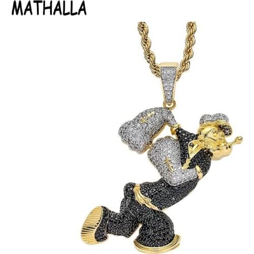 MATHALLA Bling Iced Out Popeye shape Necklace & Pendant With AAA Cubic Zircon Gold Mens Women Hip hop Rock Jewelry