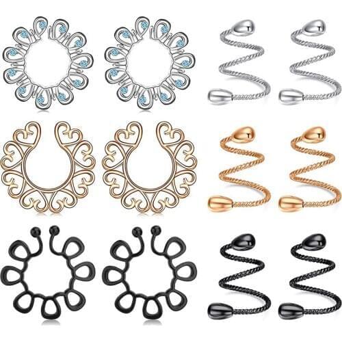 Fake Nipple Rings Stainless Steel Non-Piercing Nipple Rings Clip On Nipplerings Faux Body Piercing Jewelry for Women 4-6 Pairs