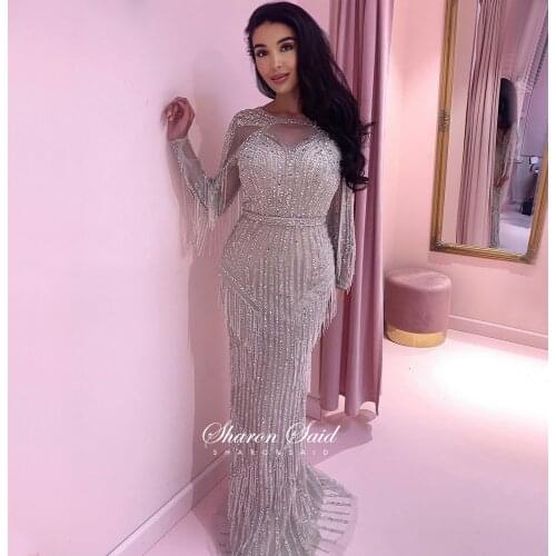 Luxury Beading Tassel Mermaid Dubai Evening Dress Long Sleeve Arabic Women Wedding Formal Party Gowns African Prom Dresses 2021