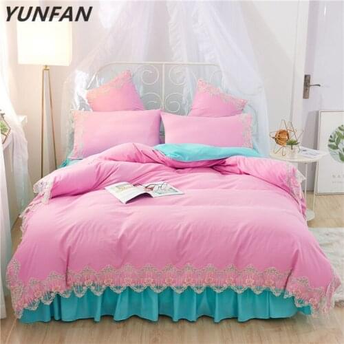 Pink blue lace bedding sets full queen king duvet cover princess girls bed skirt Korean bedclothes beautiful quilt cover sets