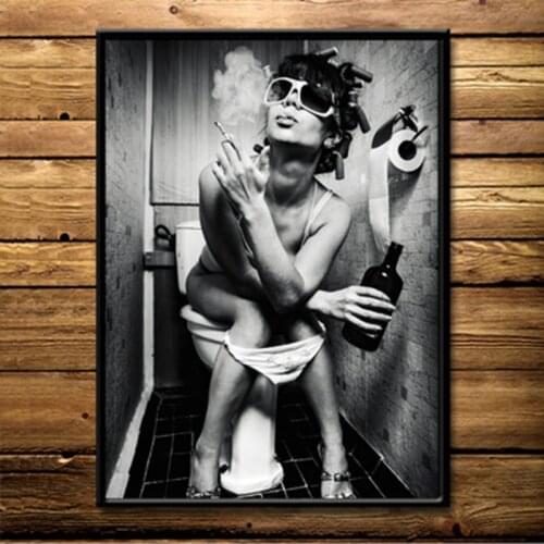 Modern Wall Art Poster Canvas Painting Woman Smoking In The Toilet Posters Prints Wall Pictures for Bathroom Toilet Decoration