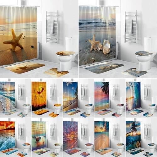 Dusk Beach Scenery Fabric Shower Curtain Coastal Starfish Shell Bathroom Curtains Set Non-Slip Rugs Toilet Lid Cover Mat Carpet