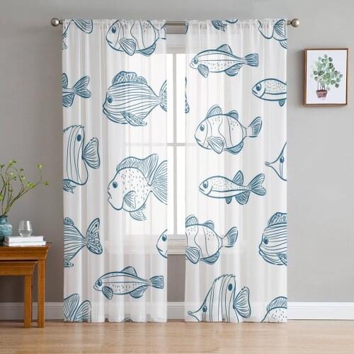 Animal Blue Fish Tulle Curtains for Bedroom Modern Voile Curtains Home Decoration Window Curtains