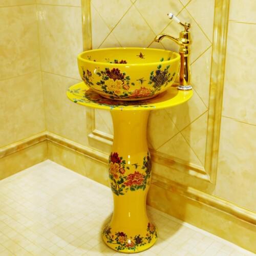 Bathroom Wash Basin Minimalism Art Small Apartment Washroom Washbasin Floor Pedestal Basin yellow peony pattern
