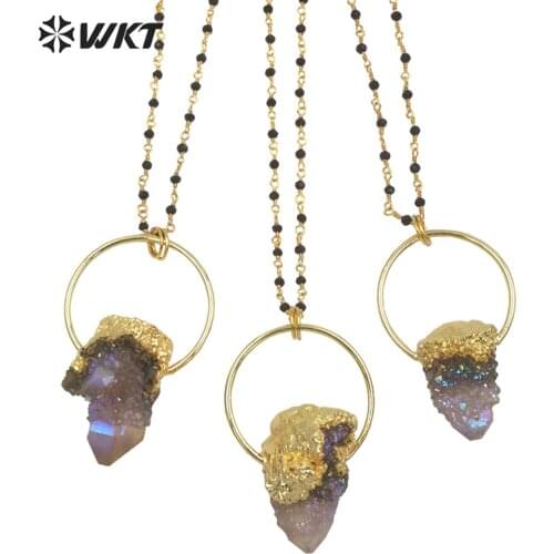 WT-N1278 Unique cactus quartz rosary beads necklace fashion gold big Ring spirit quartz pendant necklace 10pcs