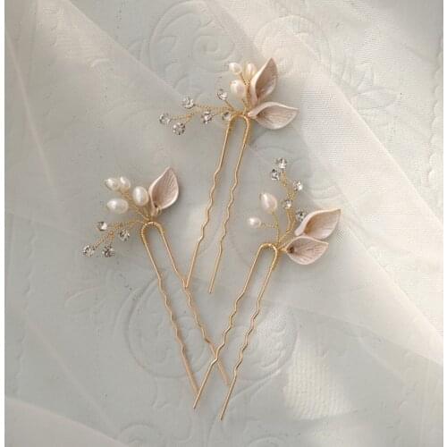 Simple Freshwater Pearls Bridal Hair Pins Clips Gold Leaf Wedding Headpiece Handmade Women Hair Ornament