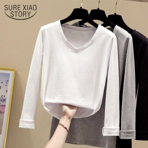 V-neck Long Sleeve Shirt Women 2021 Autumn Slim Cotton T Shirt Women Korean Bottoming Office Lady with White Black Gray 10476