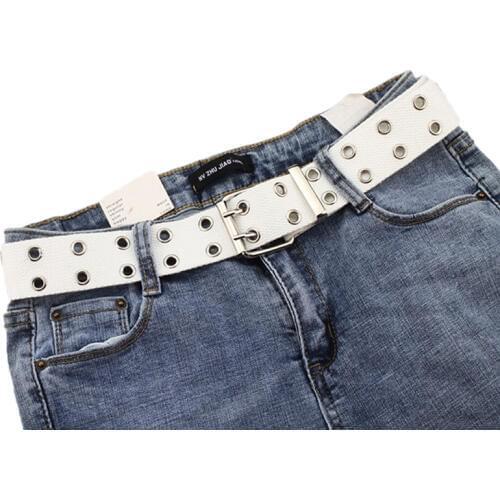 Women Studded Grommet Hole 2 Row Pin Buckle Canvas Nylon Belt Waistband