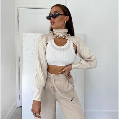 Turtleneck Crop Top Sweater Women Smocked Solid Vintage Knitted Jumpers Ladies 2020 Fashion Casual Long Sleeve Pullover