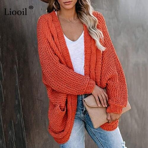 Liooil Casual Knitted Cardigan Women 2020 Winter Batwing Sleeve Long Sleeve Solid With Pockets Loose Female Sweaters And Coats