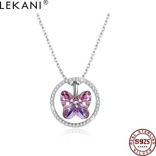 LEKANI 925 Sterling Silver Pendant Necklaces Women Ring Butterfly Shape Austria Crystal Cubic Zirconia Simple Wedding Necklace