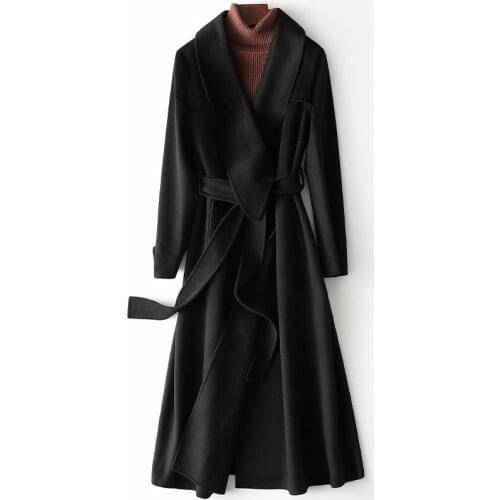 2021 Spring New Double Faced Tweed Coat Full Sleeves Womens Woolen Slim Long Solid with Belt Camel Windbreaker High Street Wear