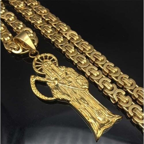 Gold tone Grim Reaper Scythe Death Men skull punk 316L stainless steel bike pendant necklace Byzantine chain necklace