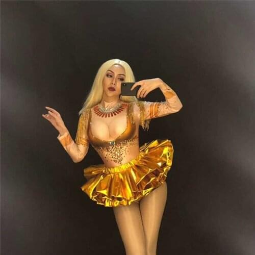 D23 Gold ballroom dance bodysuit sexy singer stage dress catwalk performance jumpsuit bar outfits club clothes printed dress dj