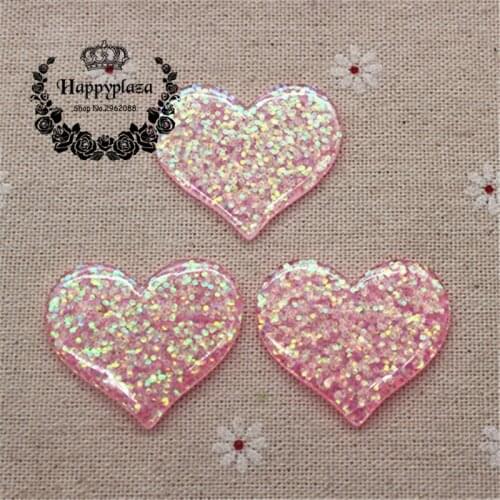 10pcs Kawaii Resin Glitter Filled Pink Heart Flatback Cabochon Art Supply Decoration Charm Craft DIY Accessories,31*37mm