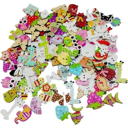 50Pcs/Bag Button Eco-friendly Colorful Animal Patterns Printed Wood Lightweight Durable Crafting Clothes Buttons