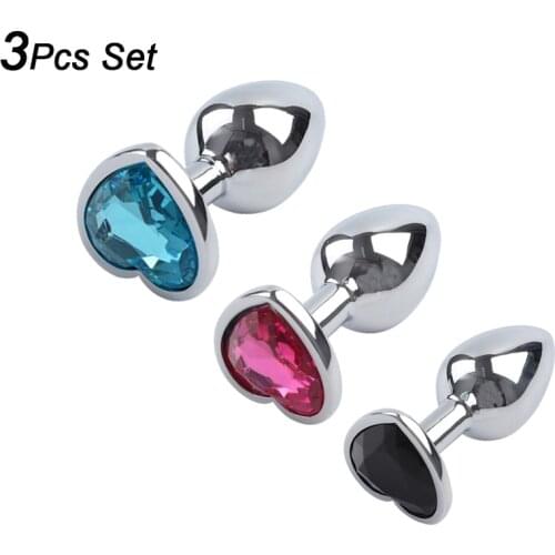 3pcs/Set Heart Shaped Metal Anal Plug Sex Toys Stainless Steel Butt Plug Tail Crystal Jewelry Trainer For Women/Man Anal Dildo