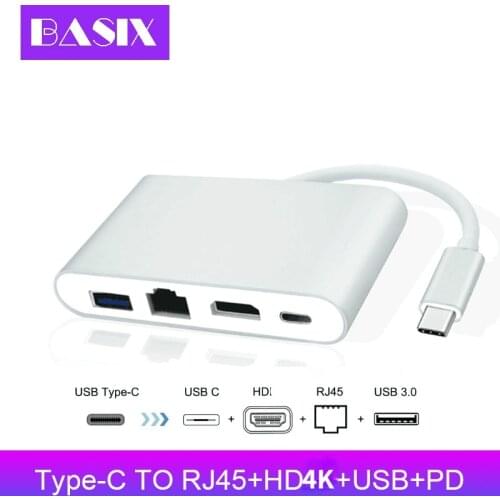 Basix Usb C Ethernet To HDMI-compatible+Gigabit Ethernet(RJ45 Port)+USB3.0 Type C Hub Adapter USB-C Splitter for Macbook pro air