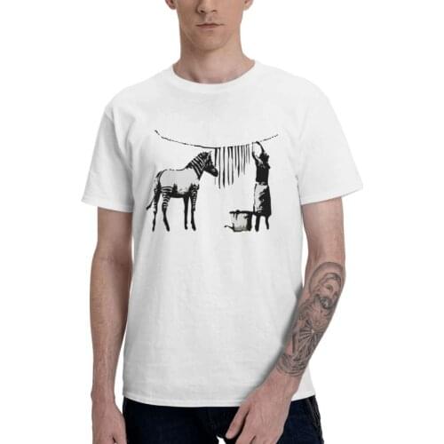 Banksy Washing Zebra Stripes T Shirt for Men Cotton Printed T-shirts Harajuku Tshirt Short Sleeve Funny Street Graffiti Tee Tops