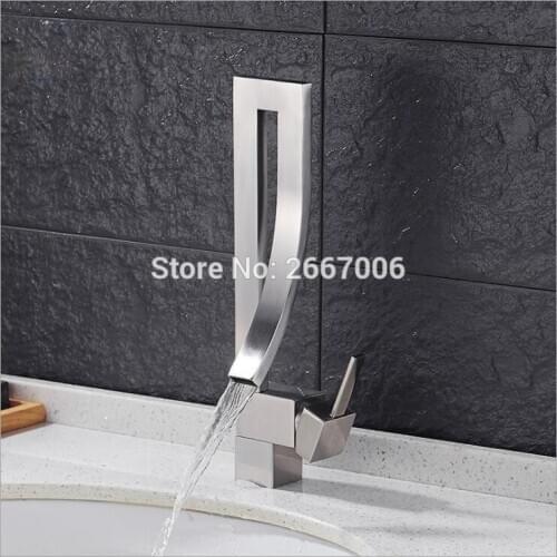 Free shipping Hot sale Unique Type Brushed Chrome Waterfall Basin Faucet Tap Deck Mount Brass Hot and Cold Bathroom Faucet ZR656