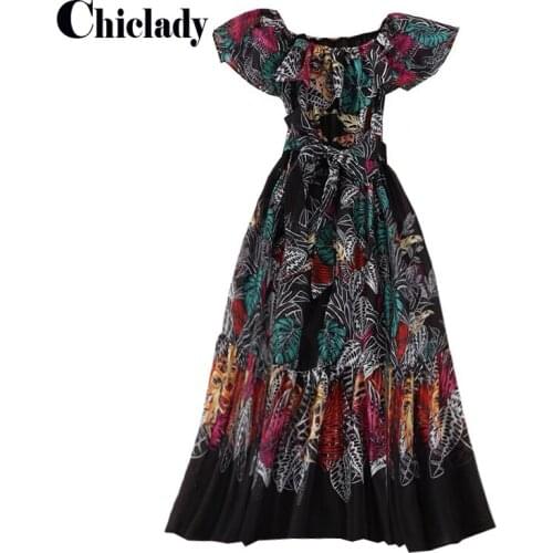 CHICLADY runway designer slash neck short sleeve ruffles summer midi dress for women female party dinner A-line dresses lace up