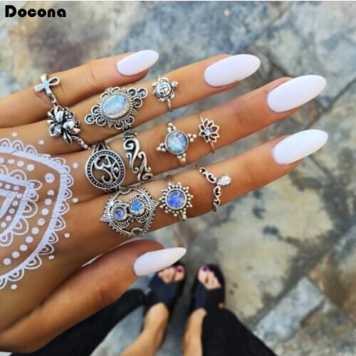 Docona 11pcs/sets Vintage Antique Sivler Rings Sets for Women Lotus Flower Water Drop Crystal Stone Geometry Jewelry 9037