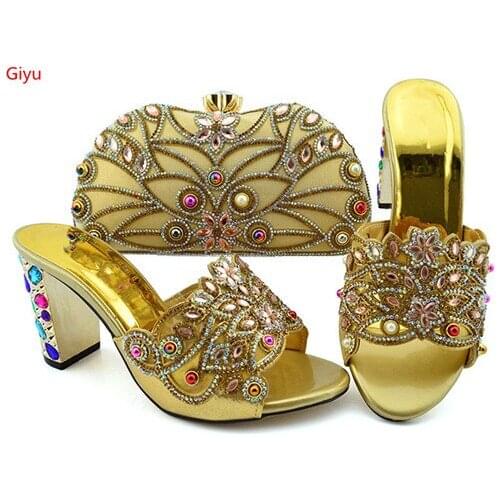 Doershow Top sale women gold shoes with bag set african shoes match handbag set for dress SKP1-11