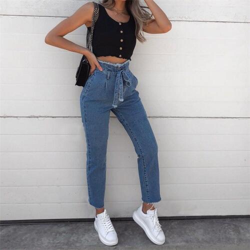 Hot Sale New Slim Pencil Pants Vintage High Waist Lace Up Jeans New Womens Pants Full Length Pants Cowboy Pants Jeans Woman