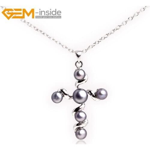Gem-inside 6mm round gemstones pearl jewelry cross pendant 30x42mm adjustable size For Women Trinket Gift DIY Jewelry