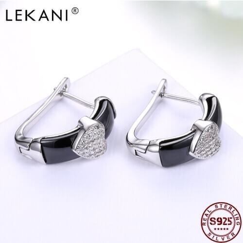 LEKANI Genuine 925 Sterling Silver Heart Full Cubic Zirconia Earrings For Women Trendy Ceramics Stud Earring Fine Jewelry
