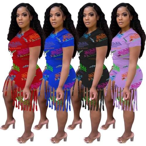 Summer Letter Tassel Two Piece Set Women Tassel High Waist Biker Shorts Crop Top 2021 Summer Bodycon Outfits For Female 2021