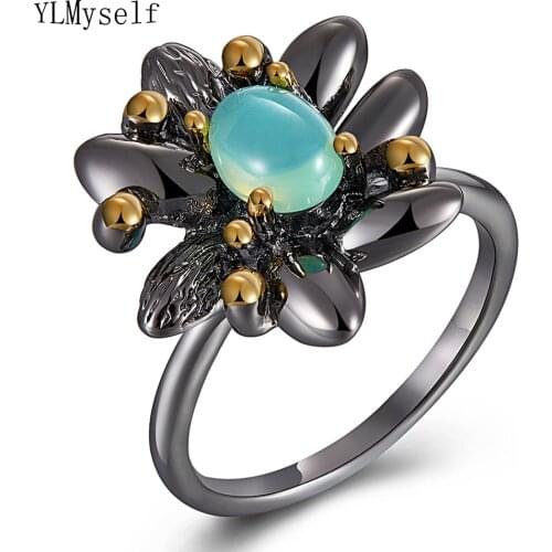 Lt Blue Opal stone ring anel female Black flower jewellery Copper anti allergy metal Lovely rings Top quality Jewelry for women