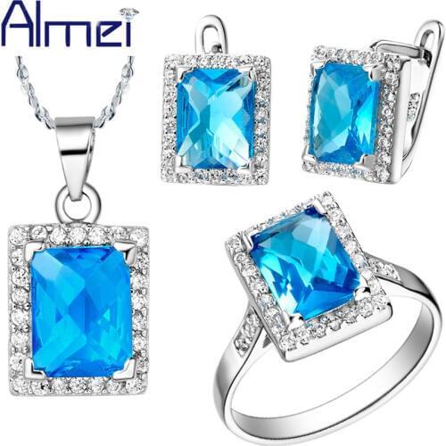 Almei Jewelry Sets for Womens Necklace Earring Set Silver Color Square Blue Stones Rhinestone Ring African Beads Jewellery T008